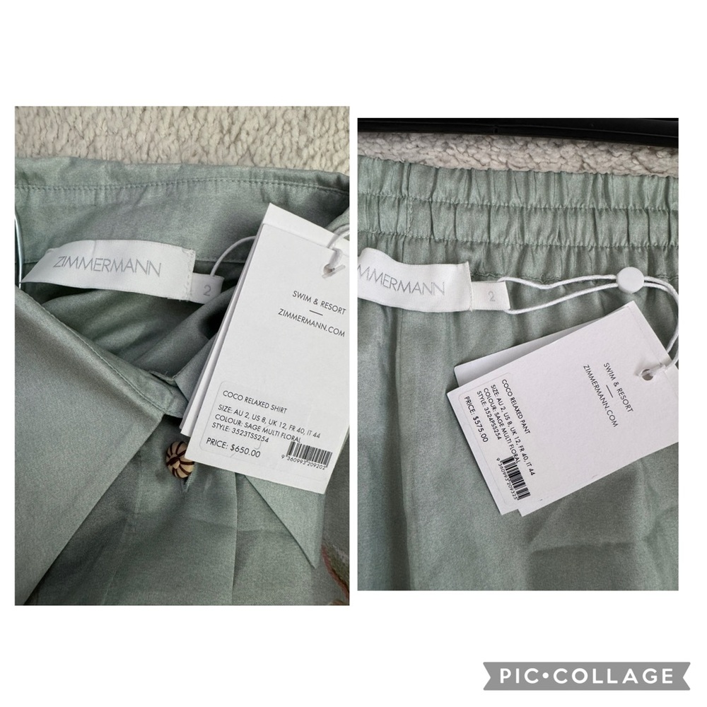 Final Zimmermann Coco Floral Silk Relaxed-Fit Shirt & Trousers Set Sage AU2 US8 - Picture 16 of 16